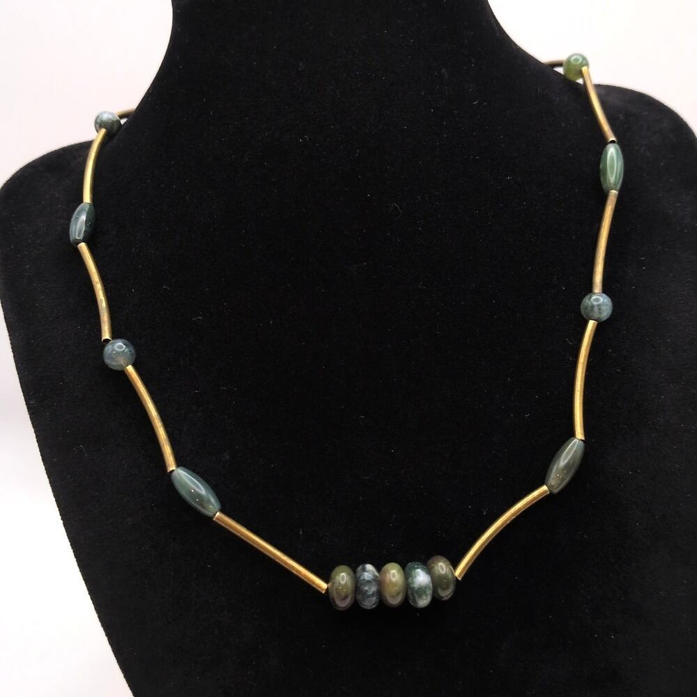 Marjorie Baer SF Artisan Necklace Green Gemstone Beaded Gold Tone Bar Link Chain